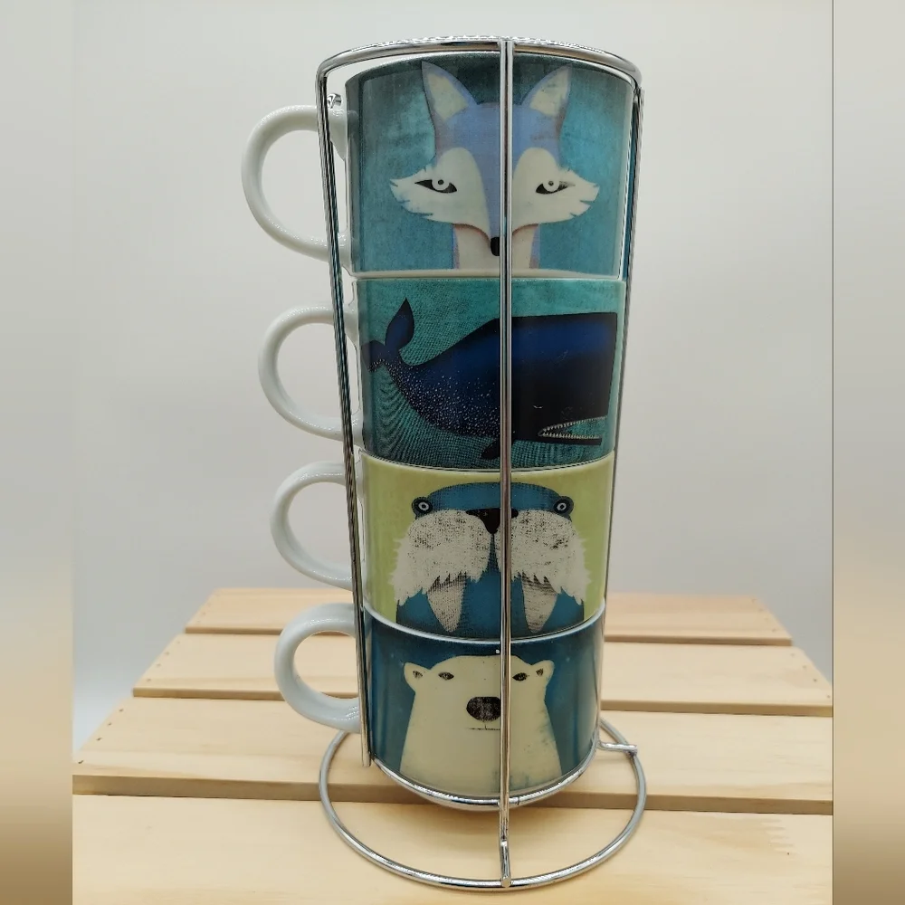 Artic Animals Pier 1 Imports Mugs Colorful Stacking Coffee Tea 4 Piece Set